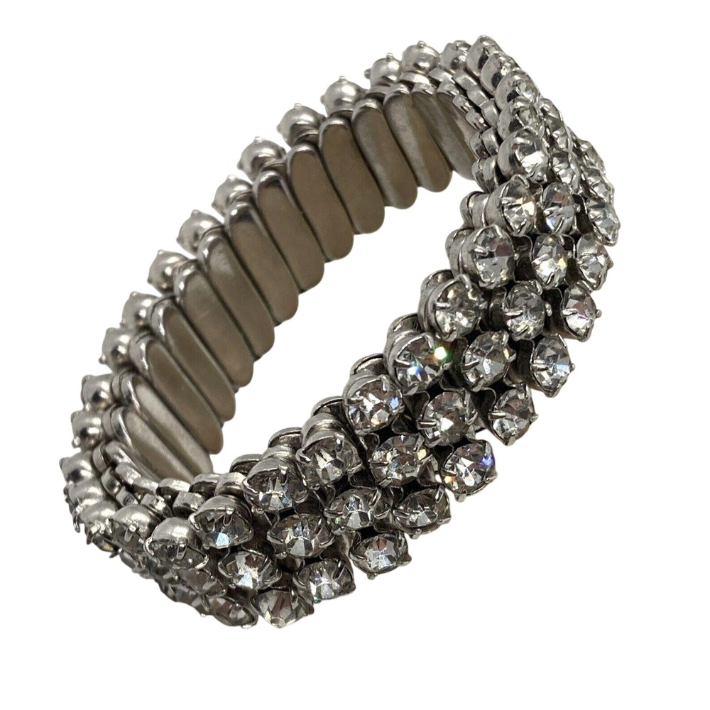 Vintage Clear Rhinestone Accordion Stretch Silver‎ Tone Bracelet 50s 60s Sparkly